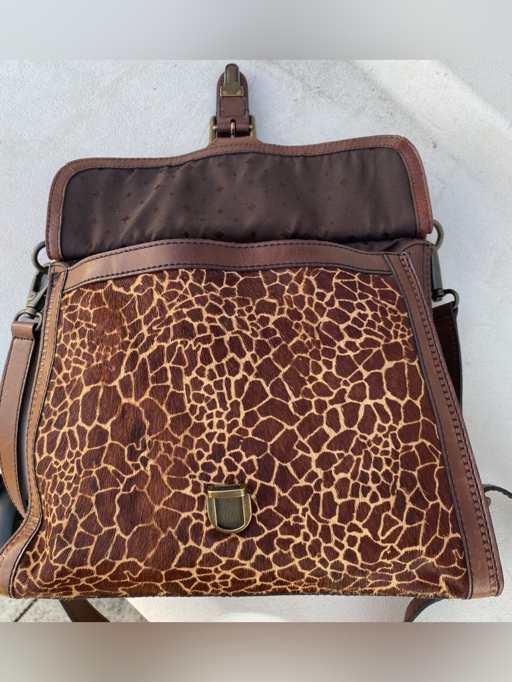 FOSSIL vintage revival reissue brown leather calfhair giraffe satchel bag purse - Picture 13 of 16